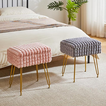 IBUYKE Rectangle Vanity Chair with Storage Space, Footrest Footstool Ottoman, Vanity Stool, Dressing Table Chair, with Anti-Slip Feet, for Makeup Room, Bedroom, Square Grid Pattern, Pink WBD004P