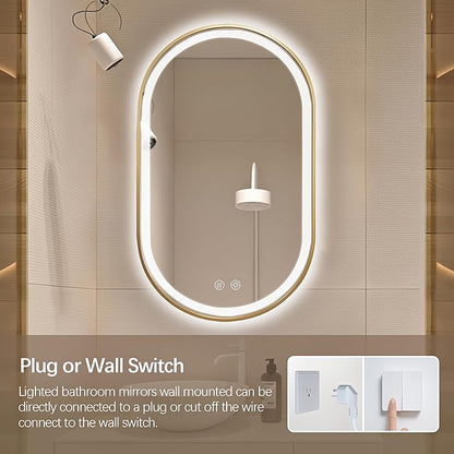 Niccy Oval LED Mirror for Bathroom, 40x24 Front Lit + Backlit Vanity Mirrors with Light Anti-Fog, Shatter-Proof, 3 Colors, Makeup Mirror with Gold Frame (Horizontal/Vertical)