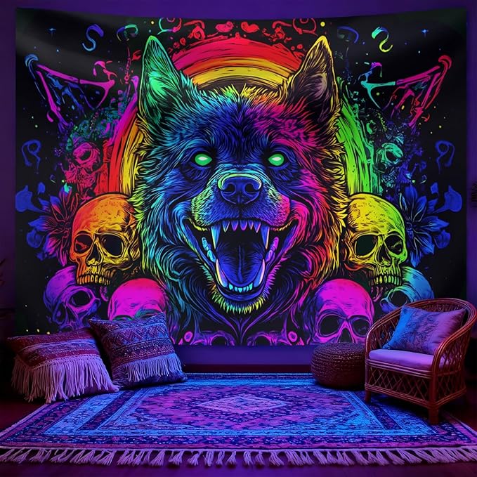 seewan Black Light Wolf Tapestry, Glow-in-the-Dark UV Neon Fierce Wolf and Skull Wall Hanging, Psychedelic Gothic Animal Art Tapestry, Bedroom Dorm Living Room Background Decor