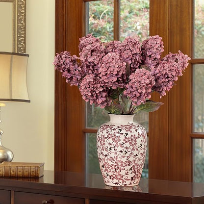 Burgundy Hydrangea Artificial Flowers,Fall Hydrangeas Artificial Flowers, Fake Fall Dried Hydrangea Decoration,Faux Silk Flower with Stems Winter Decor(Red Rose 24" 8pcs) Without Vase