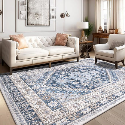 zesthome 3x5 Rug Ultra Soft Washable Rug, Non Slip Area Rug Indoor Entrance, Stain Resistant Rugs for Living Room Bedroom, Vintage Home Decor Area Rugs (Blue/Beige,3'x5')