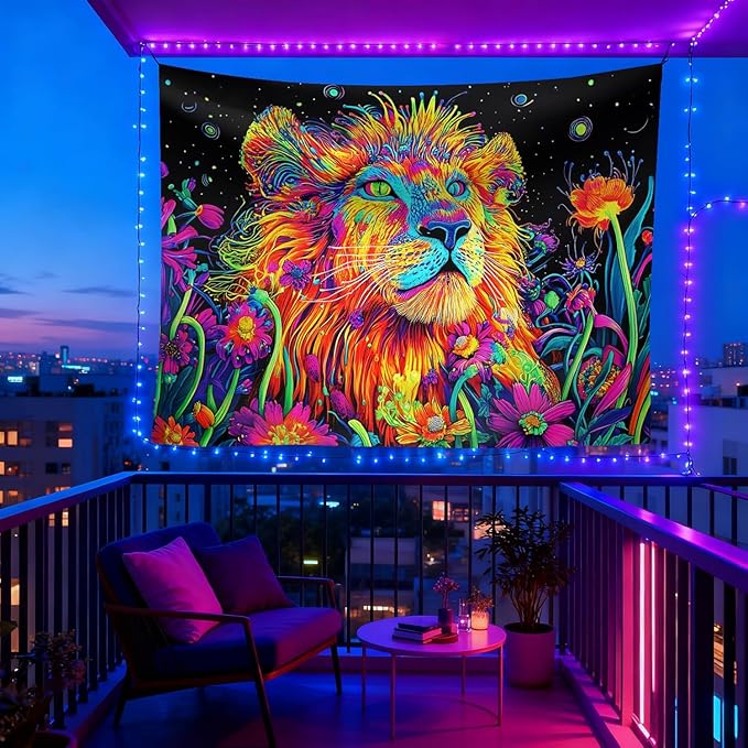 seewan Black Light Lion Tapestry, UV-Reactive Neon Galaxy Lion Wall Hanging, Psychedelic Animal Art Paired with Dreamy Floral Tapestry, Bedroom Dorm Living Room Background Decor