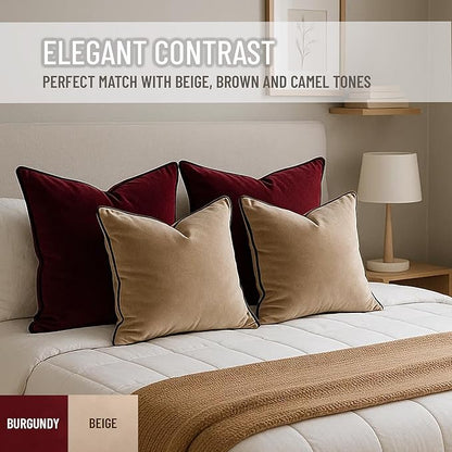 2 Pack Velvet Decorative Throw Pillow Covers, 18"x18", Burgundy, Solid, Modern, Contrast Piping, Indoor Use, Bedroom & Living Room