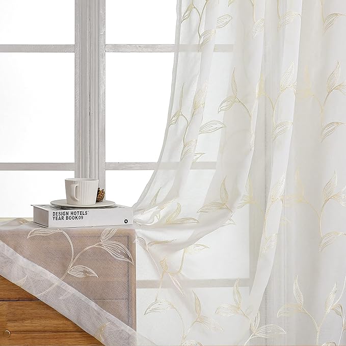 VISIONTEX Sheer Curtains 63 Inch Length 2 Panels Set Cream Beige Embroidered Floral Leaf Pattern Rod Pocket Semi Sheer Voile Window Curtains/Drapes for Bedroom Living Room 54 x 63 Inches