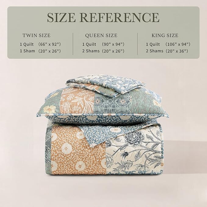 CASAAGUSTO Queen Quilt Set - 3 Pieces Patchwork Green Quilt Bedding Set, Lightweight Queen Bedspread Coverlet, Reversible Floral Bed Cover for All Seasons (90"x94", 1 Quilt + 2 Pillow Shams)