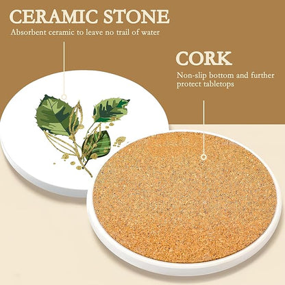 Coasters Set with Holder,Green Plants Absorbent Ceramic Coasters with Cork Base,Cute Funny Table Cup Mat 6 Pcs,Table Home Décor