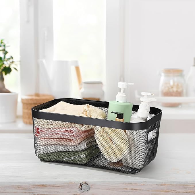 4 Pack Metal Mesh Basket with Hollow Handles Black Wire Storage Bin for Organizing Stackable Metal Fine Mesh Basket for Pantry Bathroom Kitchen Cabinets Shelves (X-Large)
