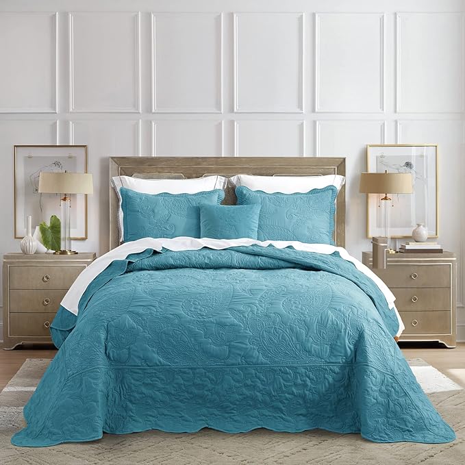 HZ & HY Oversized King Bedspread, Quilted Coverlet Bedding Set, Lightweight Thin Comforter, Reversible, Luxurious, 5 Piece, 100% Microfiber, Blue