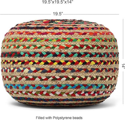 REDEARTH · Round Pouf Ottoman - Braided Boho Poof Home Décor Pouffe Accent Sitting Circular Foot Rest for Living Room, Bedroom, Nursery, Lounge; Jute and Cotton Set of 2 (19.5"X19.5"X14"; Multi)