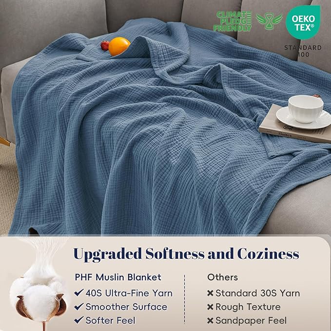 PHF 100% Cotton Muslin Throw Blanket 50" x 60", 4-Layer Lightweight Gauze Throw, Breathable Cloud-Soft Minimalist Blanket for Bed, Couch, Camping & Baby, Denim Blue, Ideal Gift