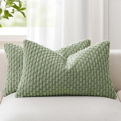 Kevin Textile 2 Packs Spring Decorative Lumbar Throw Pillow Covers 12x20 Inch for Living Room Couch Bed Sofa Soft Striped Corduroy Rectangle Cushion 30x50 cm Farmhouse Boho Decor Sage Green