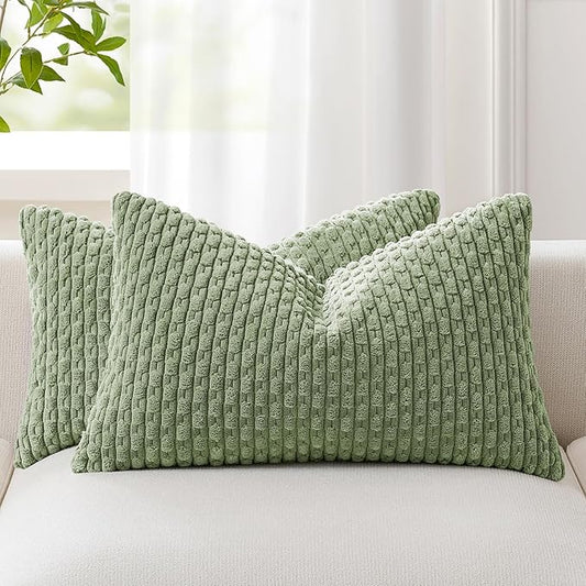 Kevin Textile 2 Packs Spring Decorative Lumbar Throw Pillow Covers 12x20 Inch for Living Room Couch Bed Sofa Soft Striped Corduroy Rectangle Cushion 30x50 cm Farmhouse Boho Decor Sage Green