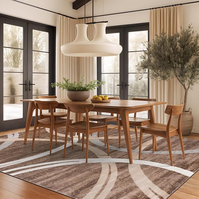 Rugshop Modern Wavy Circles Design Area Rug, Non-Shedding Carpet for Living Room, Bedroom, or Dining Room, Grand Room,Open Spaces,Brown, 10' x 14'