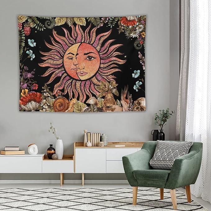 Vintage Sun Tapestry,Boho Hippie Mushroom Plant Botanical Sun and Moon Art Tapestries Wall Hanging for Dorm Living Room Bedroom Decor(60"x80")