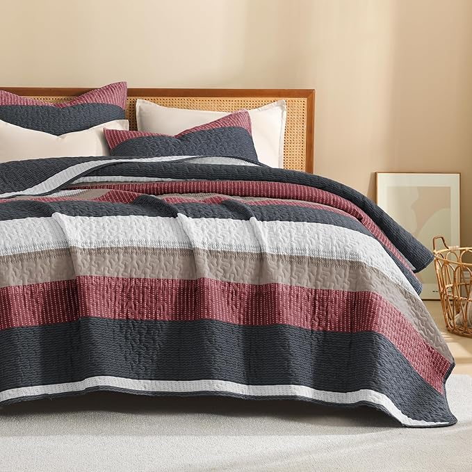 Litanika Quilt Queen Size Black and Red, Stripe Patchwork Summer Bedspread Coverlet 3 Pieces, Soft Lightweight Microfiber Quilted Bedding Set for All Season(1 Quilt, 2 Pillowcases)