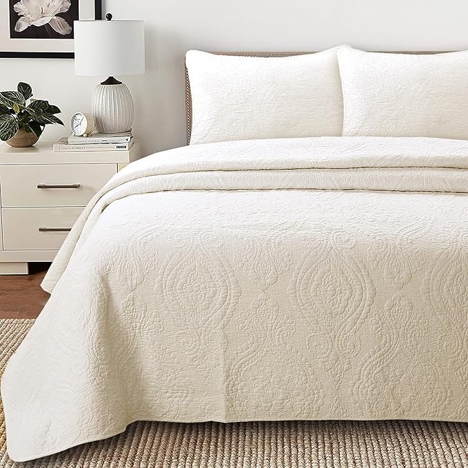 Cozy Line Home Fashions Pure Cotton Bedding Quilt Set (Medallion-Ivory, King - 3 Piece)