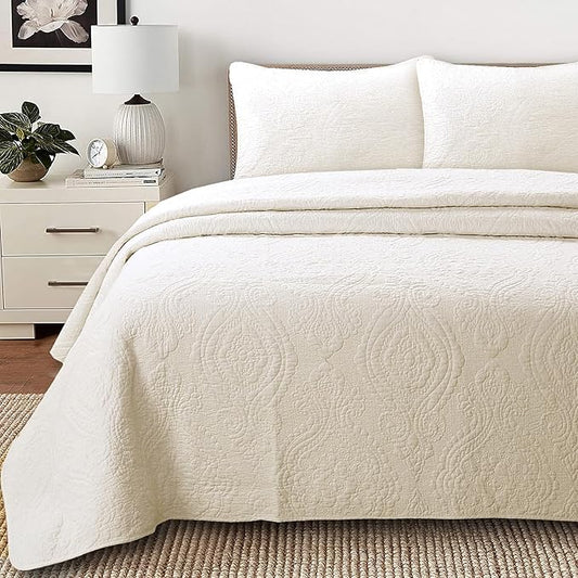 Cozy Line Home Fashions Pure Cotton Bedding Quilt Set (Medallion-Ivory, King - 3 Piece)