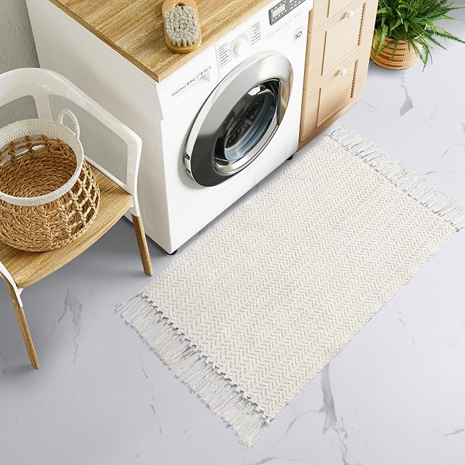 Lahome Boho Bathroom Rugs, Small 2x3 Door Mat Indoor Lightweight Entryway Rug Washable Cotton Area Rug with Tassels, Farmhouse Non Shedding Beige Throw Rug Low Pile Carpet for Kitchen Laundry