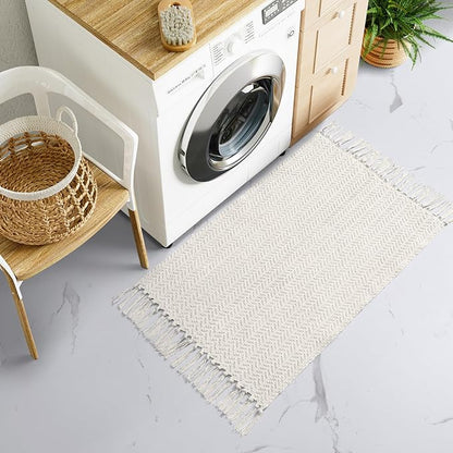Lahome Boho Bathroom Rugs, Small 2x3 Door Mat Indoor Lightweight Entryway Rug Washable Cotton Area Rug with Tassels, Farmhouse Non Shedding Beige Throw Rug Low Pile Carpet for Kitchen Laundry