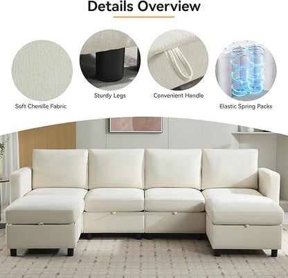 58”Modular Sectional Loveseat Sofa with Storage, Comfy Office L Shaped Sofa Couch, Chenille Love Seat Modular Sectional Couch with Movable Ottoman for Living Room, Bedroom, Beige