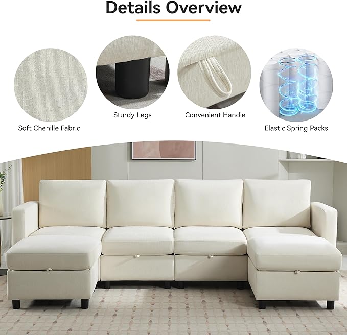 83”L-Shaped Modular Sectional Sofa with Storage & Movable Ottoman, Convertible 4-Seat Reversible Chaise Chenille Couch for Living Room, Soft Beige Fabric, Modern Design