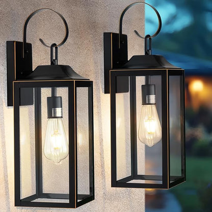 Dusk to Dawn Outdoor Wall Light, 19" Large Outdoor Light Fixture 2 Pack, Black Exterior Light Fixtures Wall Sconces Porch Lights, Waterproof Outdoor Lighting for House, Garage -with Gold Trim