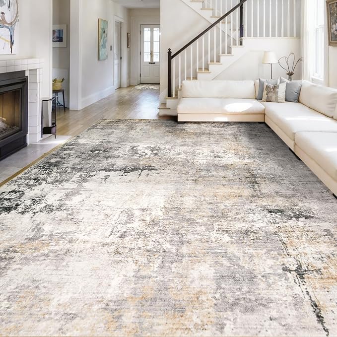 Area Rug Living Room Rugs - 9x12 Modern Abstract Soft Indoor Neutral Washable Rug Stain Resistant Non-Slip Low Pile Carpet for Bedroom Dining Room Home Office - Charcoal Grey