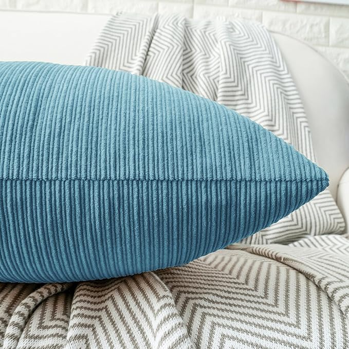 HWY 50 Smoke Blue Chenille Throw Pillow Covers 12x20 Inch with Triple Buttons, Soft Farmhouse Accent Decorative Cushion Cases for Couch Sofa Bed Living Room Pack of 2 Rectangle