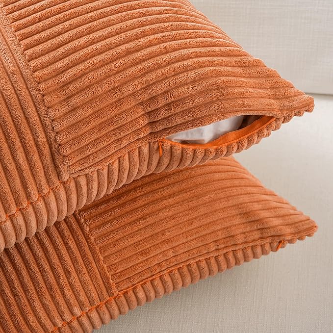 Fancy Homi 2 Packs Burnt Orange Lumbar Decorative Throw Pillow Covers 12x20 Inch for Living Room Couch Bed Sofa, Farmhouse Boho Home Decor, Soft Striped Corduroy Rectangle Accent Cushion Case 30x50 cm