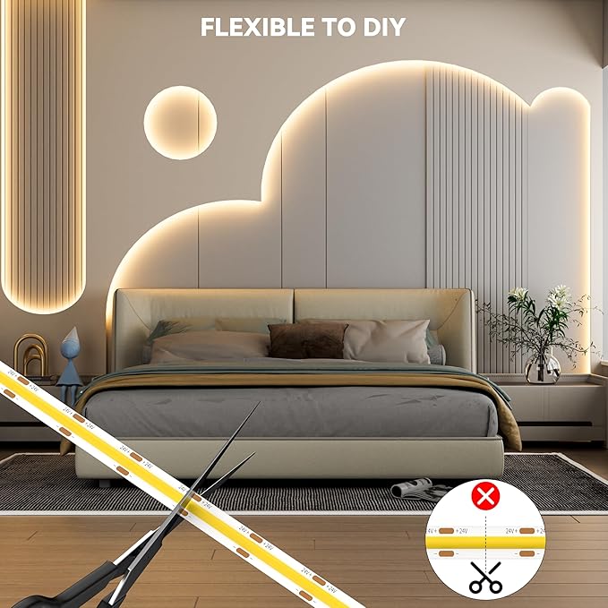 PAUTIX COB LED Strip Lights 48ft/15m Super Bright,504 LEDs/m Warm White 2700K CRI90+ Flexible LED Tape,DC24V for Cabinet Home DIY Lighting Projects with 2pcs COB Connector(Power Supply Not Included)