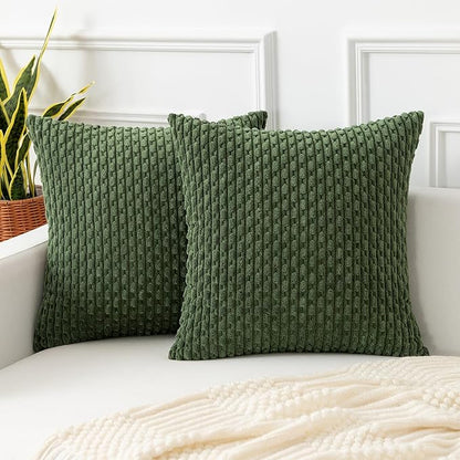 Kevin Textile Throw Pillow Covers Soft Corduroy Decorative Set of 2 Boho Striped Pillow Covers Pillowcases Farmhouse Home Decor for Couch Bed Sofa Living Room 22x22 Inch Moss Green