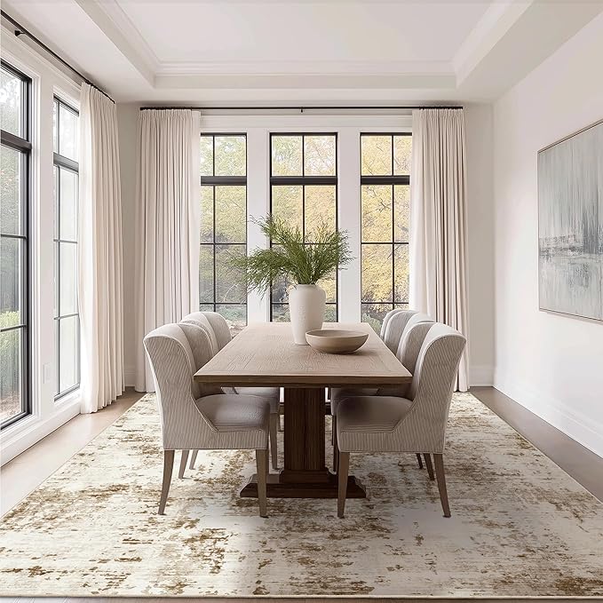 FMFUNCTEX 10x14 Washable Abstract Area Rug Brown Beige Neutral Modern Large Non Slip Carpet for Living Room Bedroom Soft Accent Low Pile Indoor Mat Accent Throw Rug for Dining Kitchen Office Nursery