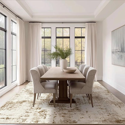 FMFUNCTEX 10x14 Washable Abstract Area Rug Brown Beige Neutral Modern Large Non Slip Carpet for Living Room Bedroom Soft Accent Low Pile Indoor Mat Accent Throw Rug for Dining Kitchen Office Nursery