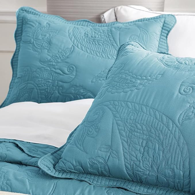 HZ & HY Oversized King Bedspread 128x120 Extra Wide - Paisley Pattern Quilt Set - Gorgeous & Elegant Style Bedding Coverlets, Reversible, Lightweight, 5 Piece, Lagoon Blue