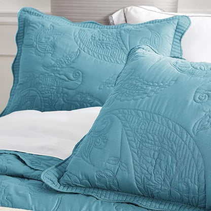 HZ & HY Oversized King Bedspread 128x120 Extra Wide - Paisley Pattern Quilt Set - Gorgeous & Elegant Style Bedding Coverlets, Reversible, Lightweight, 5 Piece, Lagoon Blue