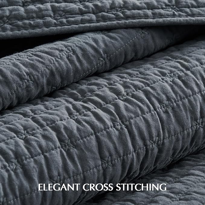 EVERGRACE Cross Stitch Pre-Washed Cotton Quilt Bedding Set King Size, Oversized 3 Pieces Lightweight Bedspread Coverlet for All Season, with 2 Matching Shams, Midnight Blue, 108"x96"