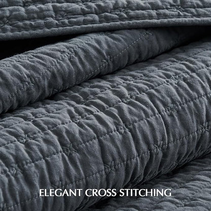 EVERGRACE Cross Stitch Pre-Washed Cotton Quilt Bedding Set King Size, Oversized 3 Pieces Lightweight Bedspread Coverlet for All Season, with 2 Matching Shams, Midnight Blue, 108"x96"