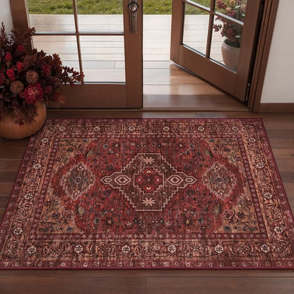 Tangsoo Washable Entryway Rugs 2x3 Vintage Non Slip Small Area Rug, Indoor Front Door Rug, Print Distressed Door Mat Indoor Entrance Soft Low Pile Throw Rug for Entry Kitchen Bedroom Dark Red