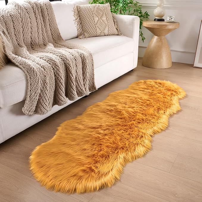 Faux Fur Rug Runner 2x6 ft Yellow - Machine Washable Super Soft Plush Shaggy Fluffy Area Carpet,Sheepskin Rug Fuzzy Floor Mat for Bedroom, Sofa,Living Room, Bedside, Nursery & Kids Room