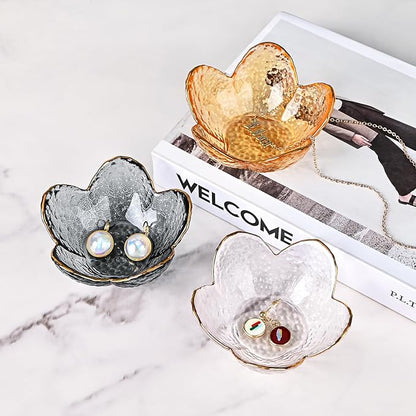 Koythin 3-Piece Glass Jewelry Tray, Small Trinket Holder for Necklace Bracelet Earring, Ring Holders for Bathroom, Aesthetic Trinket Dish, Flower Nightstand Decor for Girl Mom (Transparent White)
