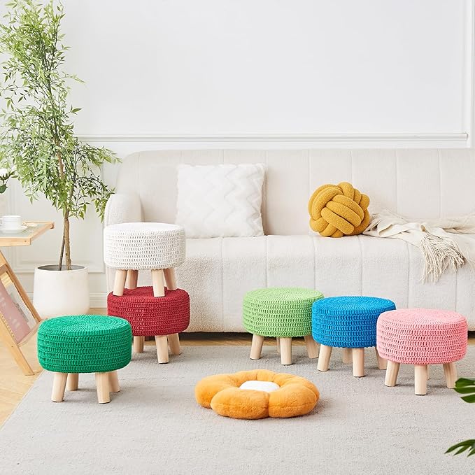 Wimarsbon Pouf Ottoman, 100% Cotton Knitted Boho Footstool, Round Footrest with Non-Skid Wood Legs, Home Décor Handmade Pouffe, Leisure Floor Step Stool for Living Room (Pink)