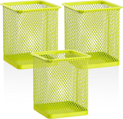 Segarty Pen Cup Holder, 3 Pack Square Light Green Pen Holder for Desk, Cute Mesh Pencil Cups Container Set Desktop Organizer for Office Supplies, School Classroom, Home Storgae and Organization