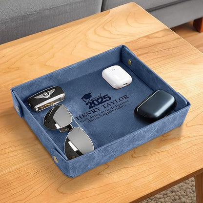 Engraved PU Leather Valet Tray – Personalized Catchall with Custom Name for Desk, Dresser, or Nightstand – Compact Organizer for Keys, Wallet, Jewelry – Graduation Gift for Him or Her – Blue
