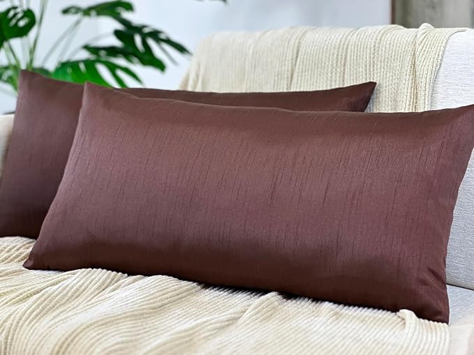 Aiking Home 12x24 Inches Faux Silk Rectangular Throw Pillow Cover, Zipper Closure, Brown (Set of 2)