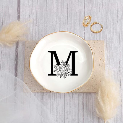 JoycuFF Initial M Ceramic Jewelry Tray, Bridesmaid Bride Gifts, Engagement Birthday Best Friend Mom Grandma Sister Gifts for Women, Trinket Dish for Rings Earrings Necklaces Bracelets Keys