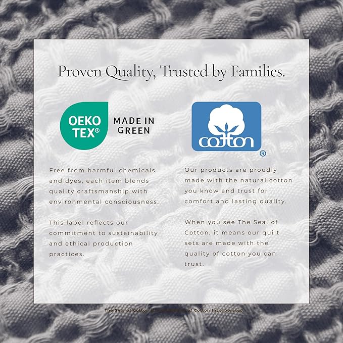 Great Bay Home Full/Queen Size Blue 100% Cotton Honeycomb Waffle Quilt and Sham Set - Garment Washed, Waffle Weave Like Texture, Lightweight 3-Piece Bedding Set (Denim Blue)