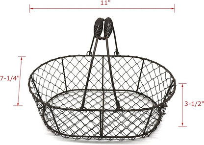CVHOMEDECO. Oval Metal Wire Egg Basket Wire Fruit Basket with Handle Primitives Vintage Style Storage Basket. Rusty, 11 X 7-1/4 X 3-1/2 Inch