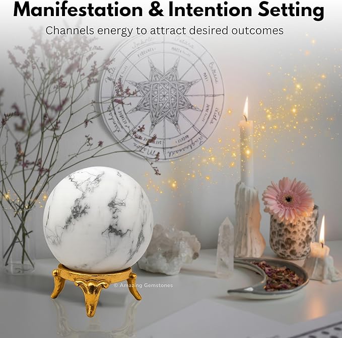 Amazing Gemstone Howlite Crystal Ball with Stand - 1.5 Inches Crystal Sphere Meditation Balls for Witchcraft and Decorative Balls