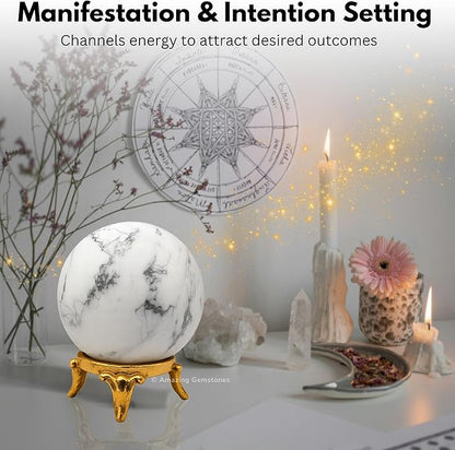 Amazing Gemstone Howlite Crystal Ball with Stand - 1.5 Inches Crystal Sphere Meditation Balls for Witchcraft and Decorative Balls
