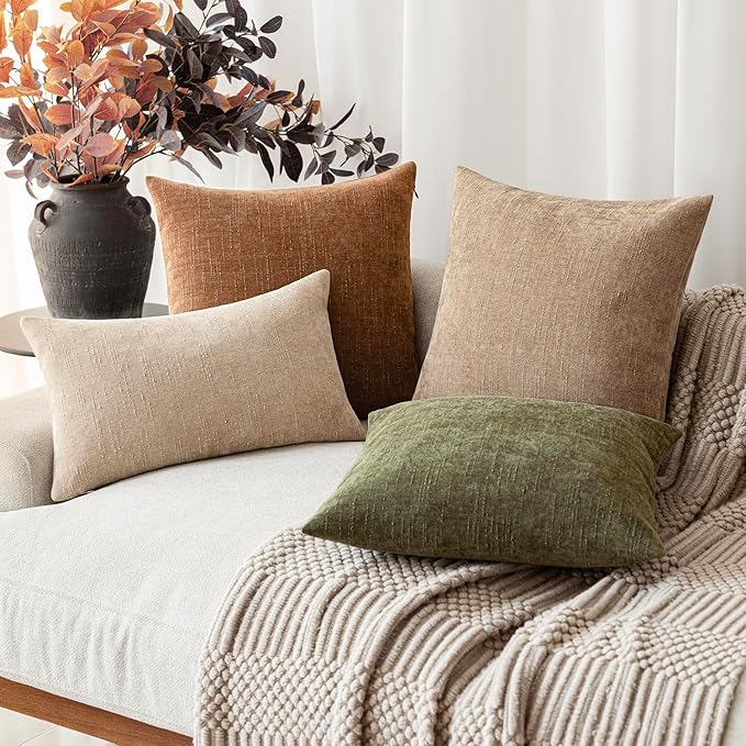 Foindtower Set of 2 Textured Chenille Throw Decorative Pillow Covers Square Accent Solid Cushion Cover Neutral Farmhouse Lumbar Pillow Case for Couch Sofa Bedroom Living Room 12x24 Inch,Cream Camel